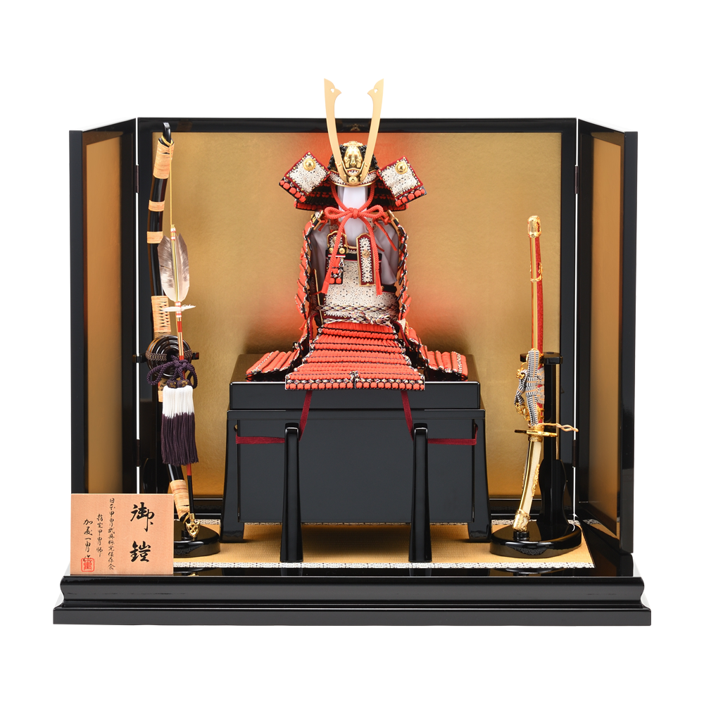 大型 額装 立体工芸 鎧オブジェ 黄金赤糸威鎧／特選美術品表記あり 鎧飾り 一冑作 赤糸威長鍬形 1/4 – 株式会社真多呂